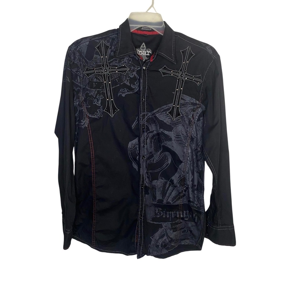 Roar Mens Black Long Sleeve Button Down Shirt Cross Graphic Studded Medium